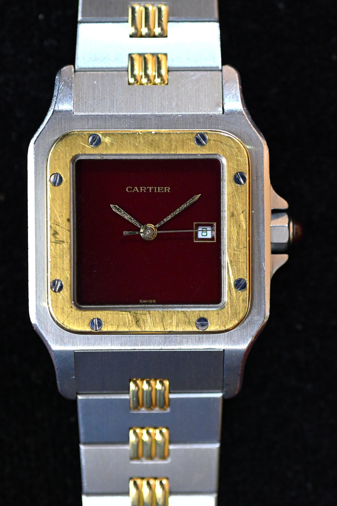 カルティエ　ゴドロンブレス　サントスカレ/ガルべLMサイズ バーガンディ（ワインレッド/ボルドー）文字盤 ステンレス x ゴールドコンビ自動巻モデル  Ref.2961