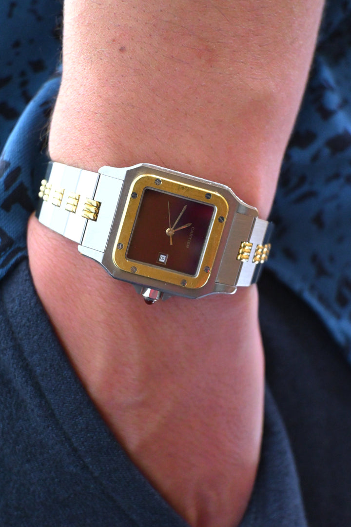 カルティエ　ゴドロンブレス　サントスカレ/ガルべLMサイズ バーガンディ（ワインレッド/ボルドー）文字盤 ステンレス x ゴールドコンビ自動巻モデル  Ref.2961