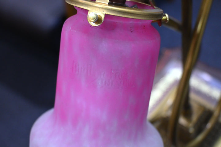 ミューラー兄弟　アールデコ期 ピンクシェードの双頭アンティークテーブルランプ