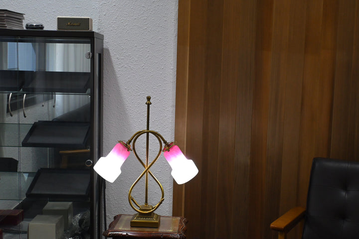 ミューラー兄弟　アールデコ期 ピンクシェードの双頭アンティークテーブルランプ