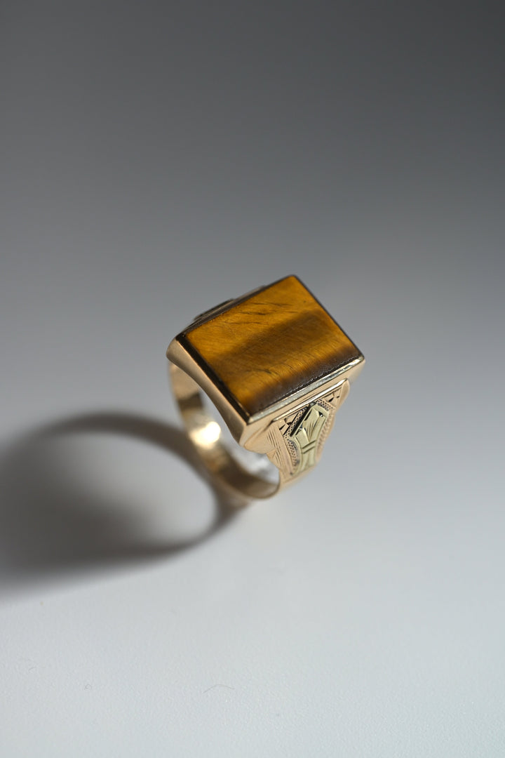 10K 1936年製 タイガーアイ ＆ 2カラーゴールド・リング