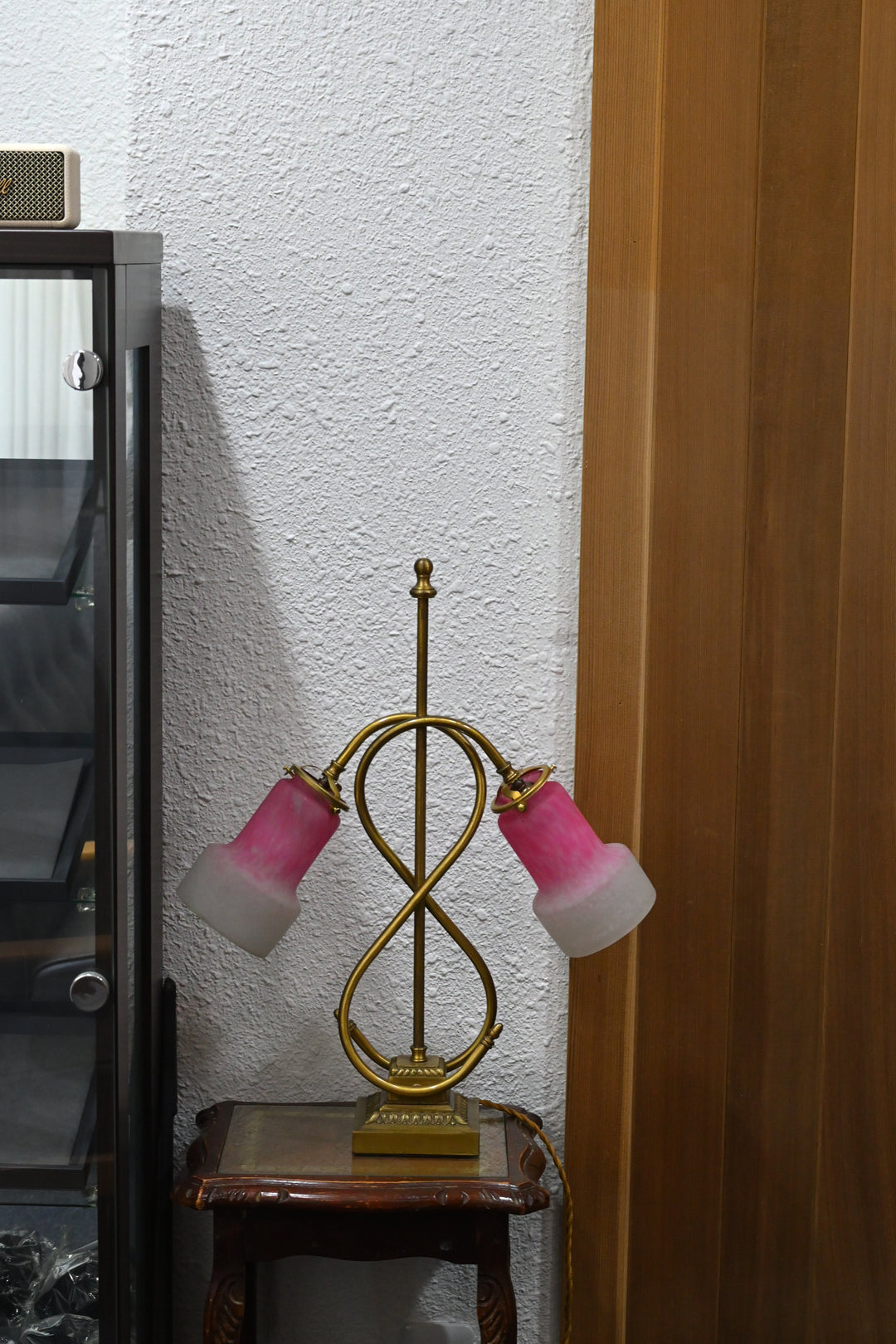 ミューラー兄弟　アールデコ期 ピンクシェードの双頭アンティークテーブルランプ