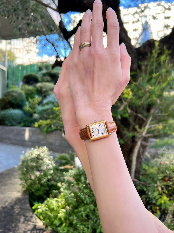 マスト ドゥ カルティエ タンク　レディースヴィンテージウォッチ ピンク アクアリーノ MMサイズ 純銀に18Kヴェルメイユ