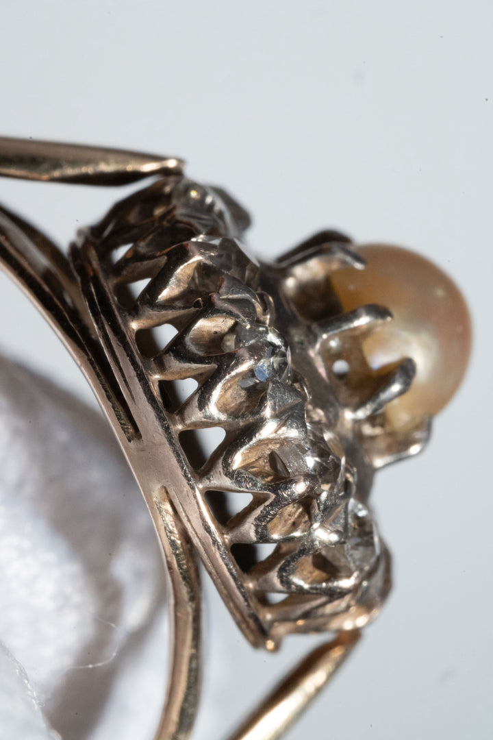 19世紀 ヴィクトリアン 9K 3.4g 天然真珠 & オールドカット・ダイヤモンド クラスターリング