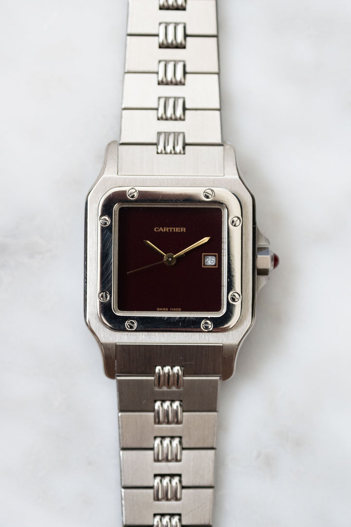 【箱/保証書/修理明細】CARTIER カルティエ サントスカレ LMサイズ バーガンディ ステンレスモデル ゴドロンブレス Ref.2960