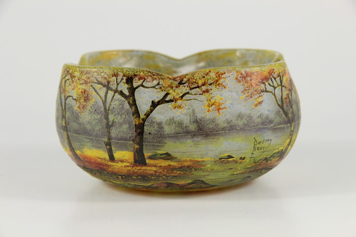 1910年頃の製造 ドーム兄弟（ドームナンシー）「秋の川辺の風景」文 カメオ・ガラスボウル