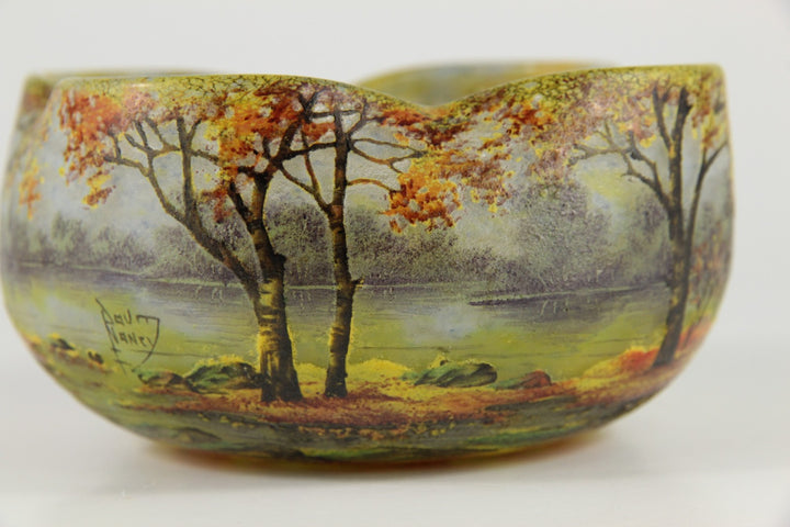 1910年頃の製造 ドーム兄弟（ドームナンシー）「秋の川辺の風景」文 カメオ・ガラスボウル