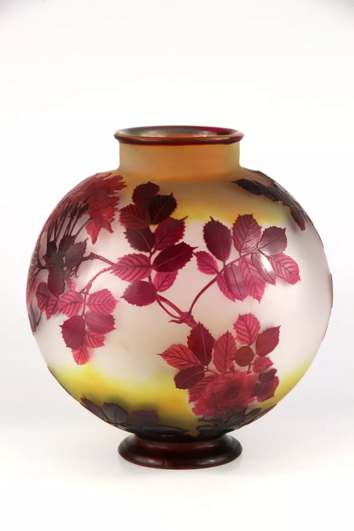 美品 【エミール・ガレ】 被せガラス 盛上薔薇紋様花瓶 バラ 花器 高さ36.5㎝ EmileGalle 工芸ガラス ガレ工房 西洋アンティーク 美品  エミール ガレ 特大 群像紋 花器 花瓶 技法スフレ 被せガラス 高さ20