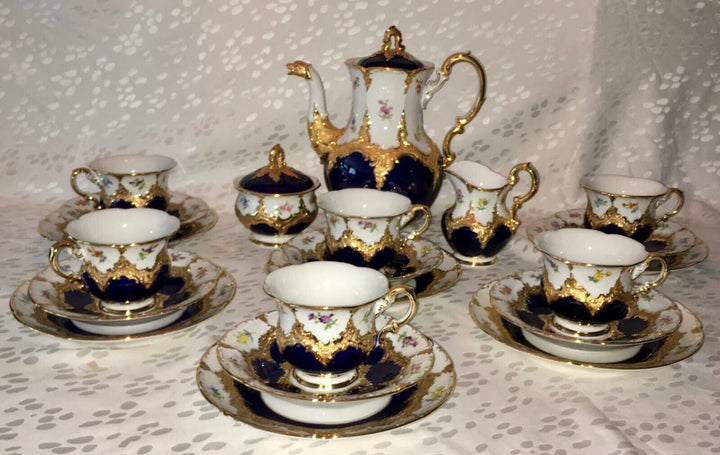 マイセン　Bフォーム  華麗な花が描かれたコーヒーセット 21点  コバルトブルー 1934年