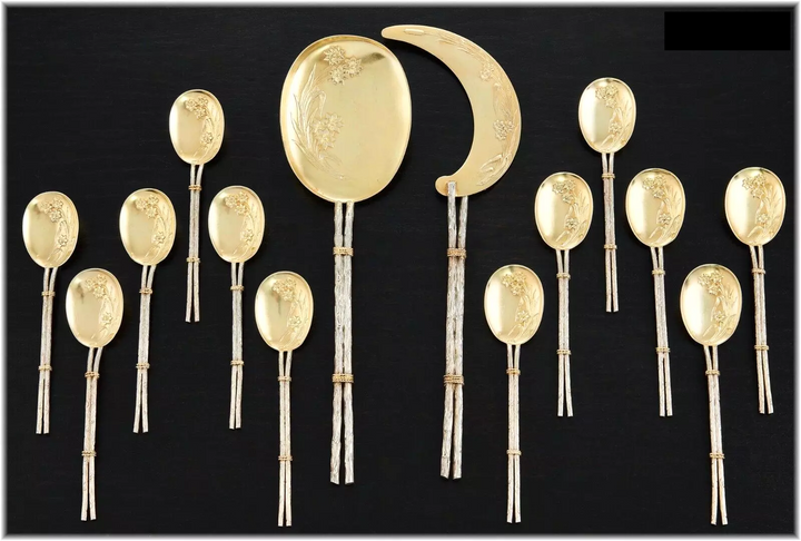 ピュイフォルカ 日本美術風ナチュラルデザイン 純銀ヴェルメイユ製アイスクリームカトラリーセット