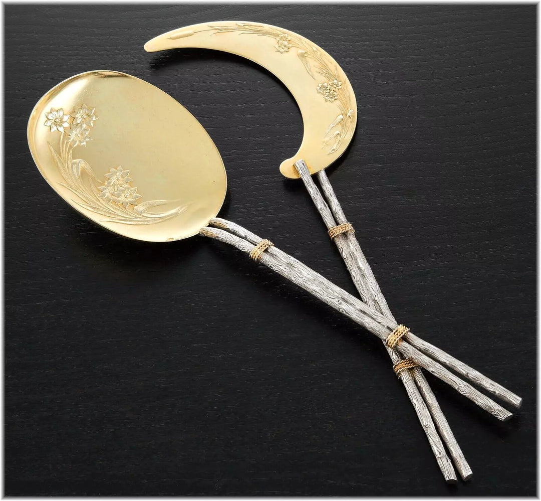 ピュイフォルカ 日本美術風ナチュラルデザイン 純銀ヴェルメイユ製アイスクリームカトラリーセット