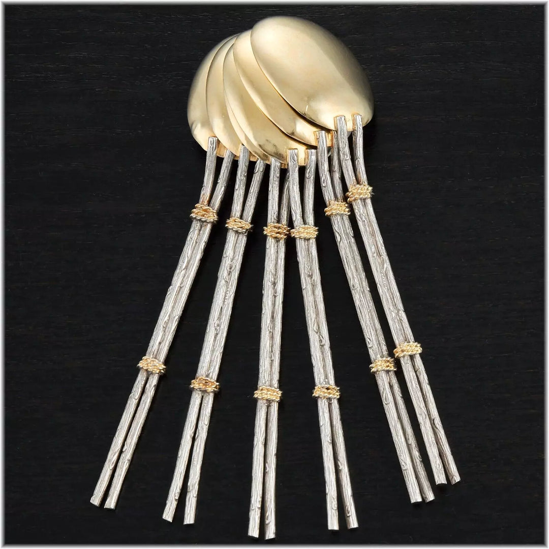 ピュイフォルカ 日本美術風ナチュラルデザイン 純銀ヴェルメイユ製アイスクリームカトラリーセット