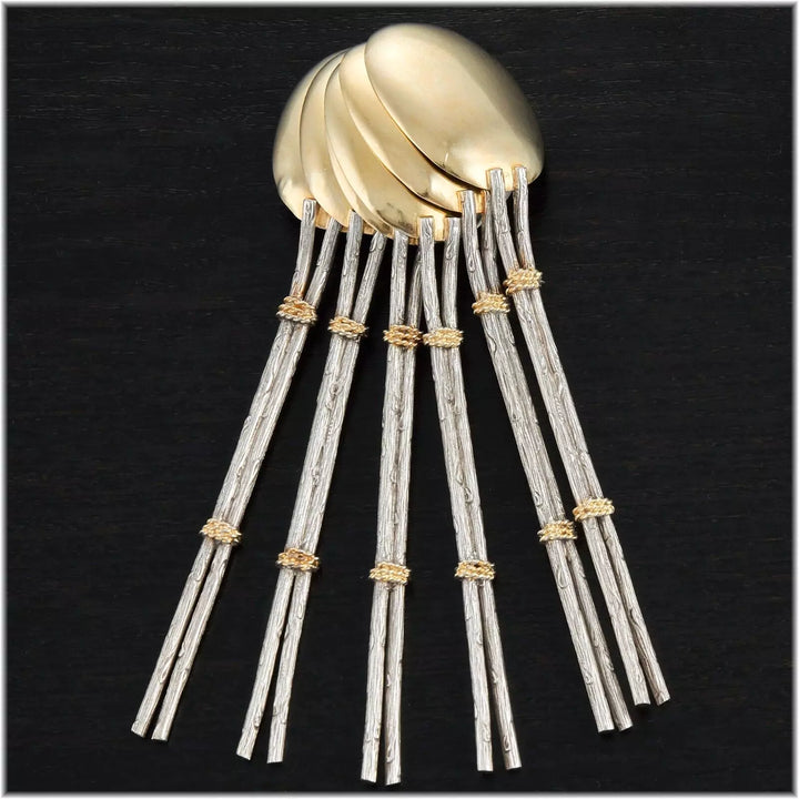 ピュイフォルカ 日本美術風ナチュラルデザイン 純銀ヴェルメイユ製アイスクリームカトラリーセット