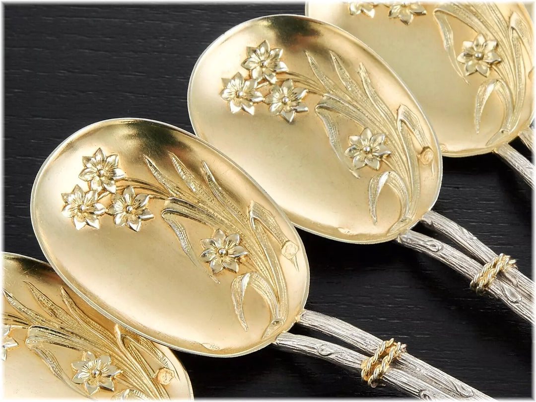 ピュイフォルカ 日本美術風ナチュラルデザイン 純銀ヴェルメイユ製アイスクリームカトラリーセット