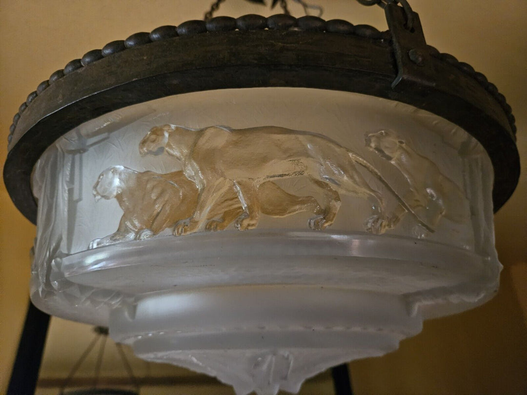 ミューラー兄弟　パンサーが描かれたアールデコ時代のペンダントライト（シャンデリア）