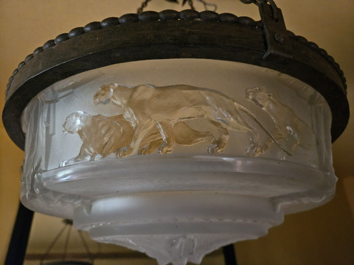 ミューラー兄弟　パンサーが描かれたアールデコ時代のペンダントライト（シャンデリア）