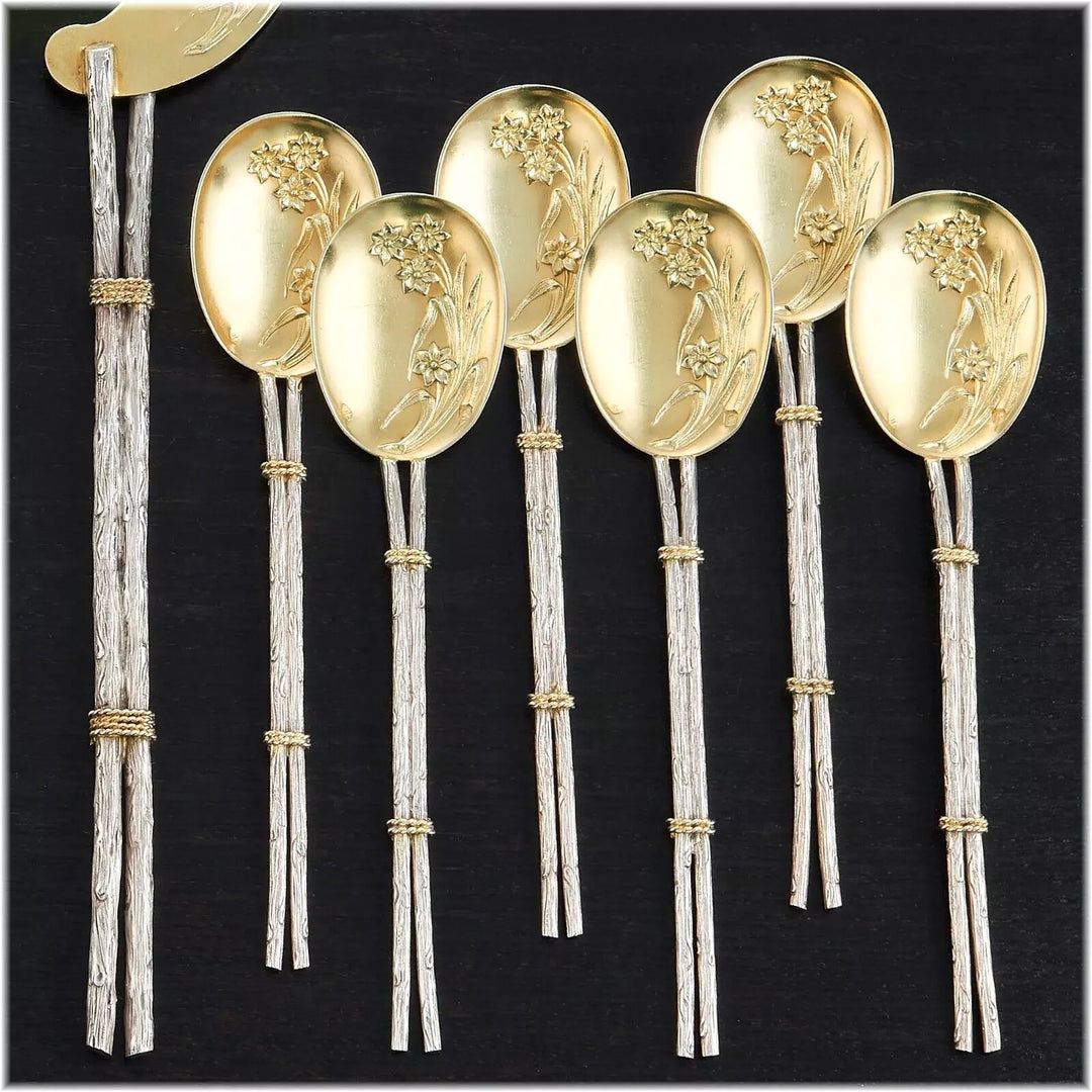 ピュイフォルカ 日本美術風ナチュラルデザイン 純銀ヴェルメイユ製アイスクリームカトラリーセット