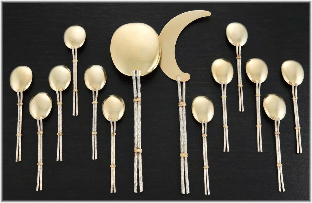 ピュイフォルカ 日本美術風ナチュラルデザイン 純銀ヴェルメイユ製アイスクリームカトラリーセット