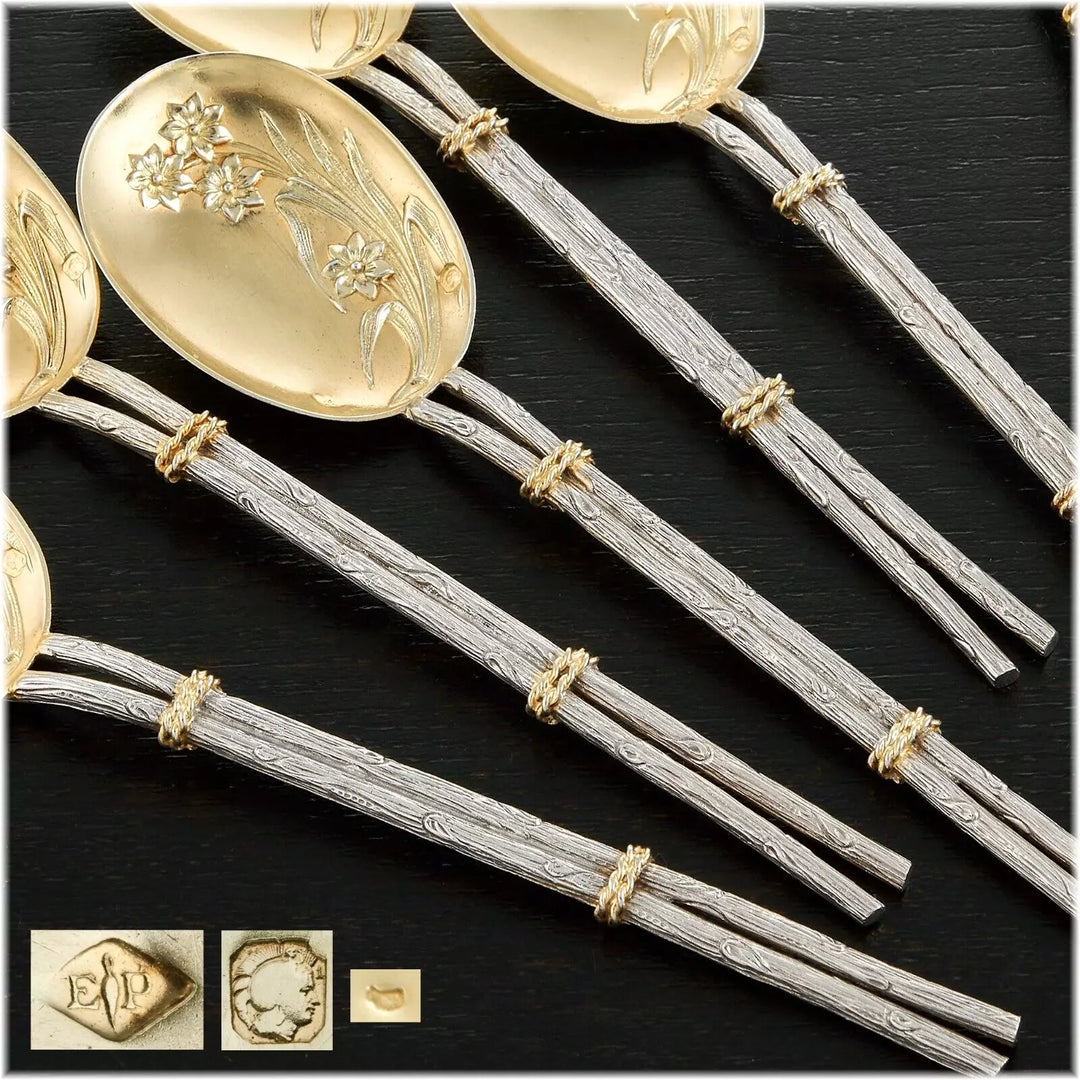 ピュイフォルカ 日本美術風ナチュラルデザイン 純銀ヴェルメイユ製アイスクリームカトラリーセット