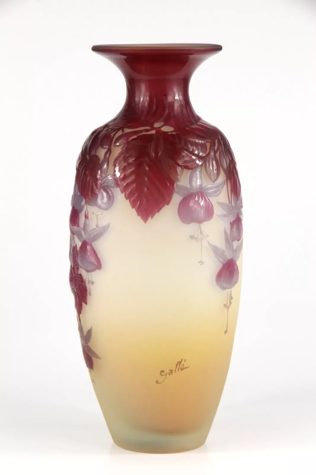 【証明書付】エミールガレ 花瓶 高さ27cm 幅10cm スフレ技法 エミール ガレ 苧環文 鶴首型花器 花瓶 オダマキ 多色多層被せ