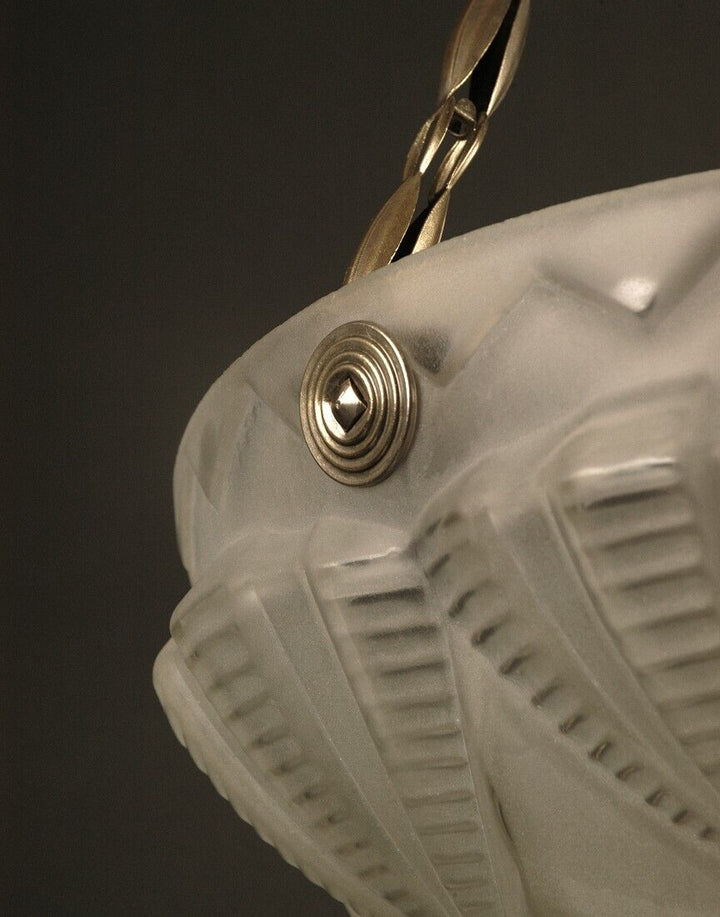 銀色の真鍮と型押しガラスのアールデコ調吊りランプ