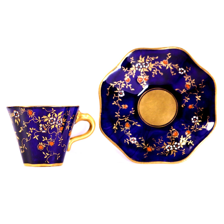 コールポート ミニチュアカップ&ソーサー  コバルトブルー レイズドフラワー ゴールドリー 1890年頃