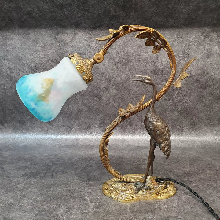 ミューラー兄弟 アオサギのブロンズと朝顔が幻想的に浮かび上がるデスクランプ 「パート・ド・ヴェール」
