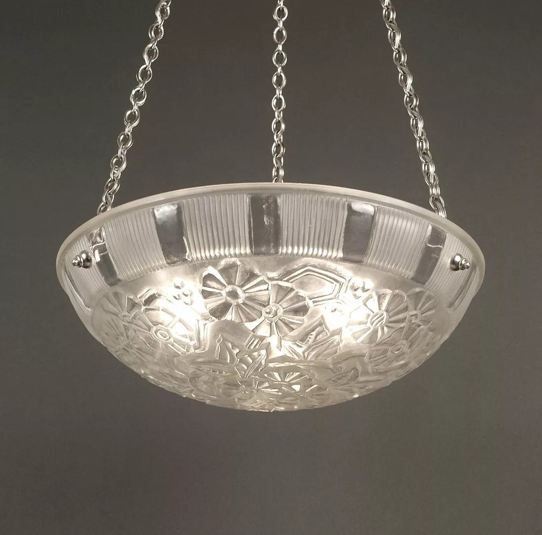 エティエ・ヴァンソン / ハノッツ 銀青銅 & プレスガラス製 アールデコ吊り下げランプ2