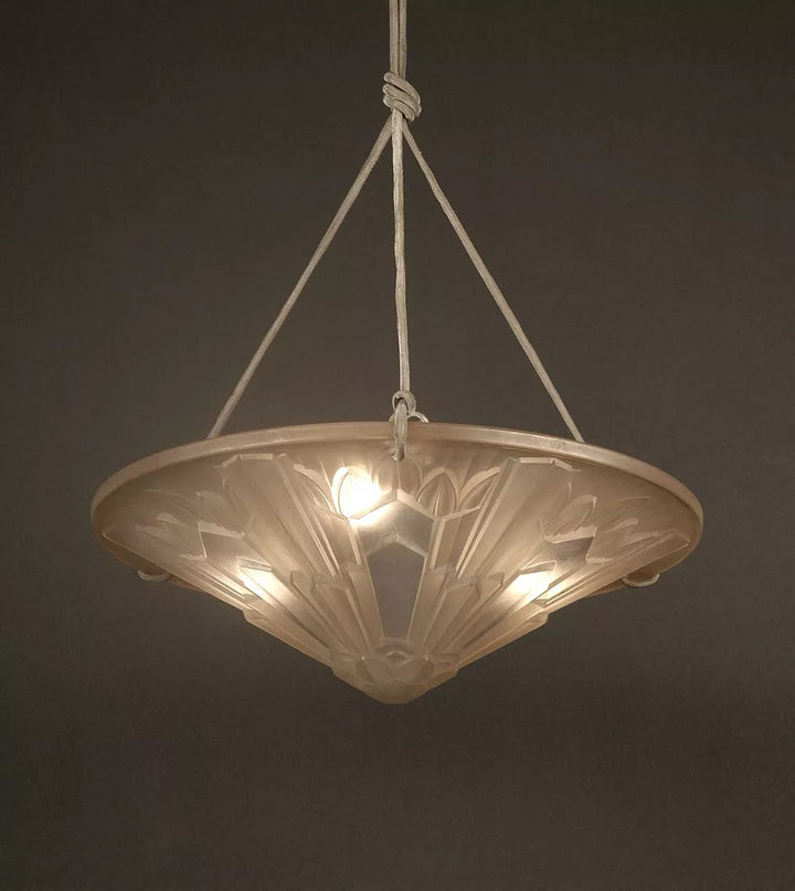 エティエ・ヴァンソン / ハノッツ 銀青銅 & プレスガラス製 アールデコ吊り下げランプ