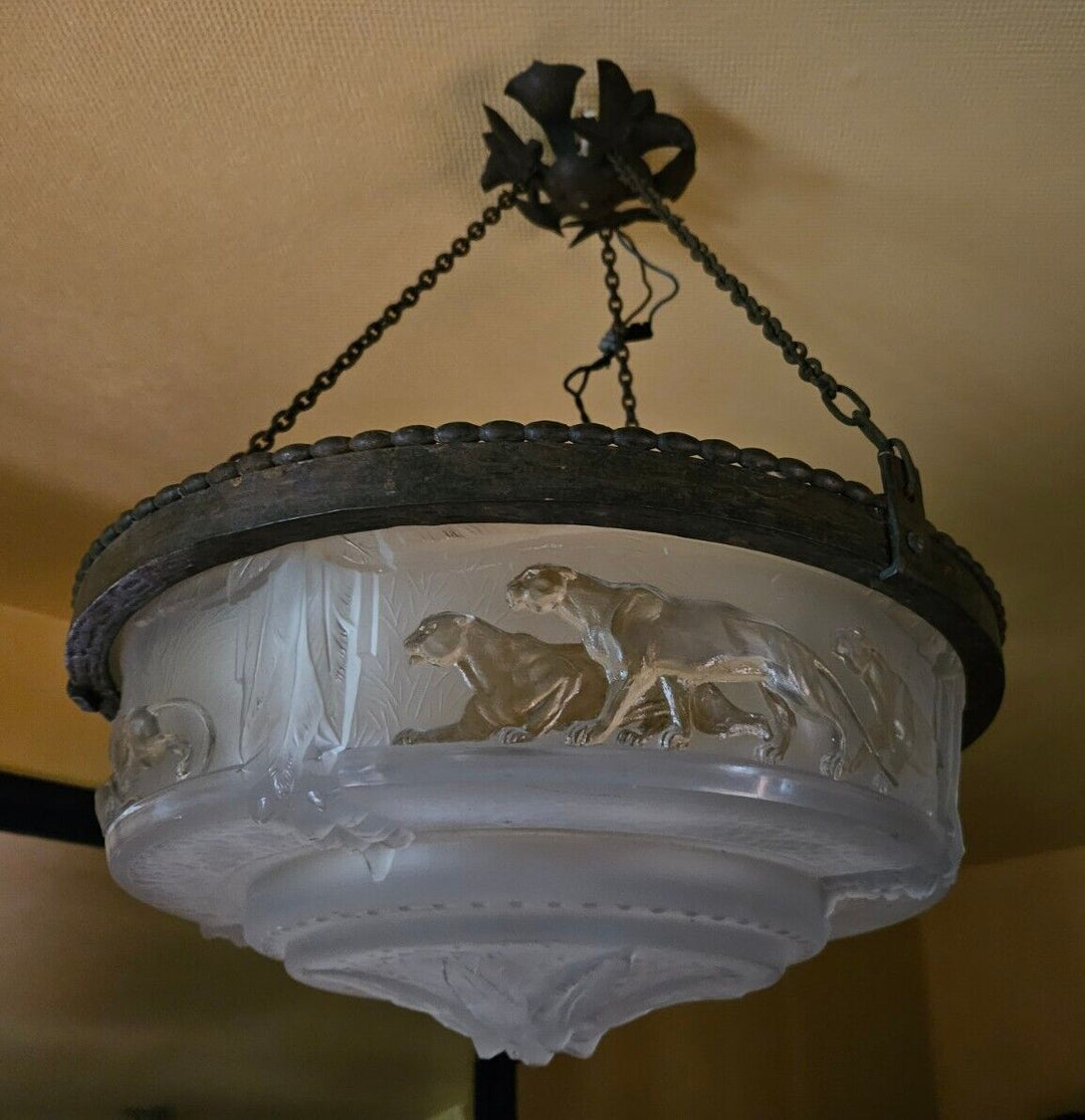 ミューラー兄弟　パンサーが描かれたアールデコ時代のペンダントライト（シャンデリア）