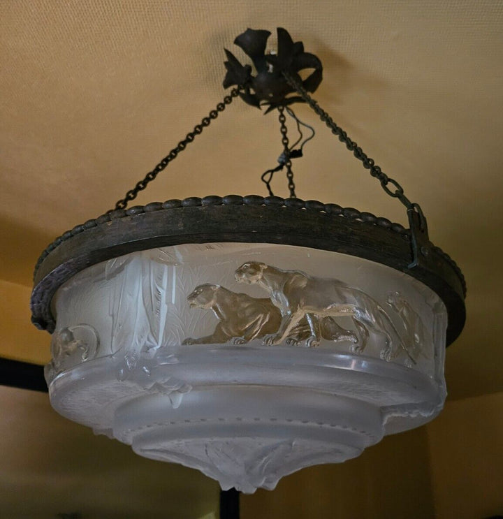 ミューラー兄弟　パンサーが描かれたアールデコ時代のペンダントライト（シャンデリア）