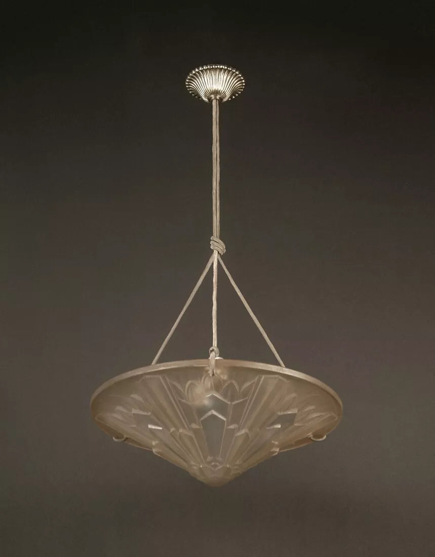エティエ・ヴァンソン / ハノッツ 銀青銅 & プレスガラス製 アールデコ吊り下げランプ