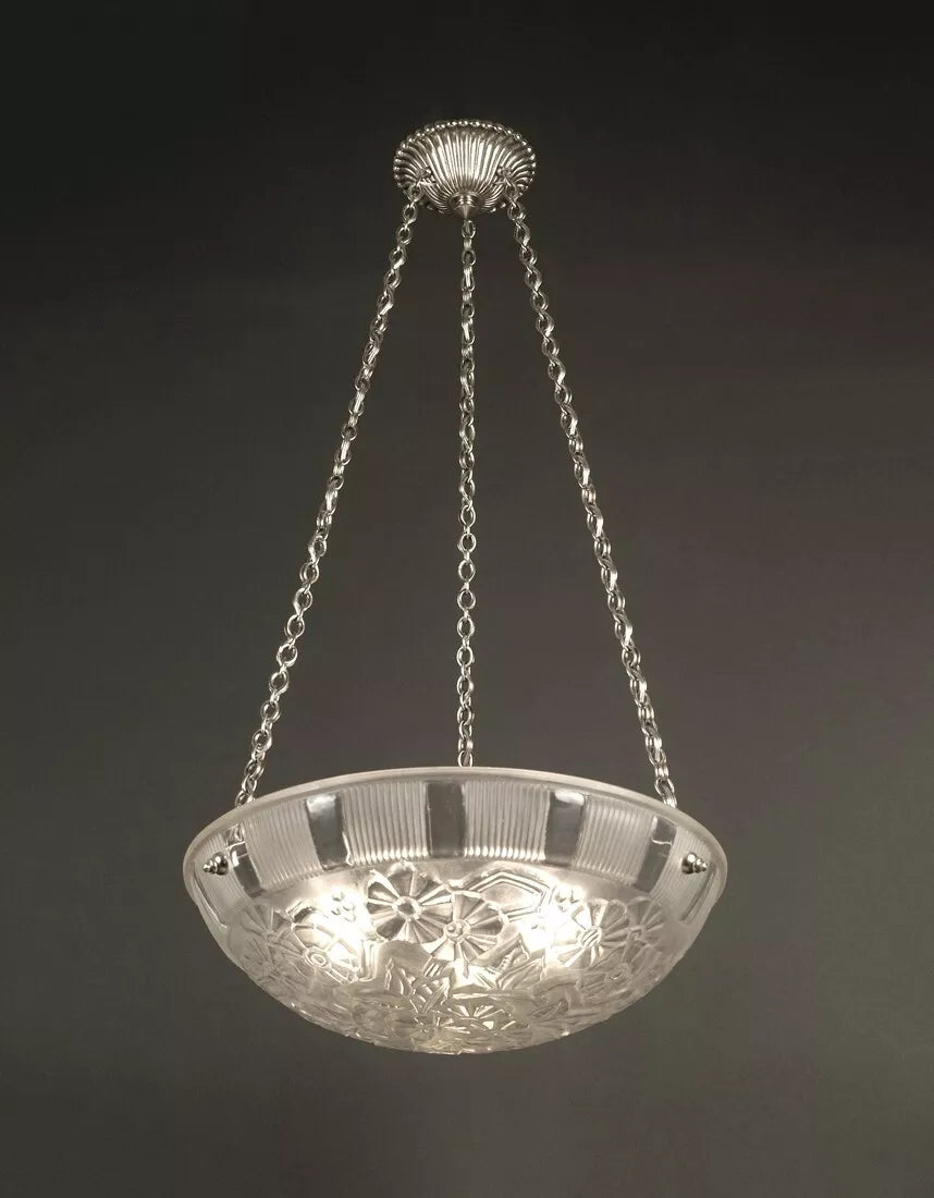 エティエ・ヴァンソン / ハノッツ 銀青銅 & プレスガラス製 アールデコ吊り下げランプ2