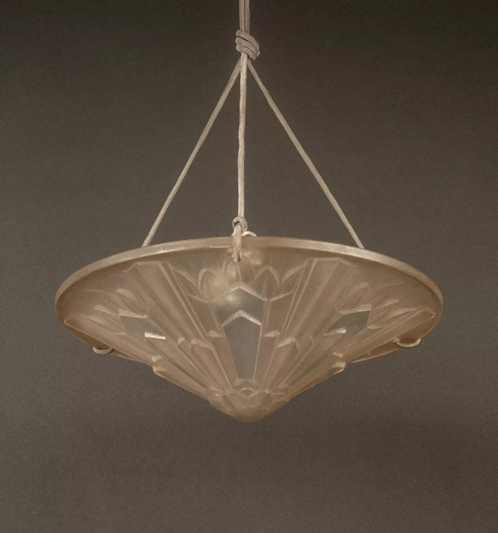 エティエ・ヴァンソン / ハノッツ 銀青銅 & プレスガラス製 アールデコ吊り下げランプ