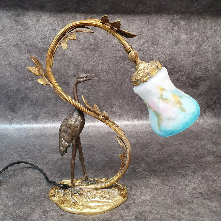 ミューラー兄弟 アオサギのブロンズと朝顔が幻想的に浮かび上がるデスクランプ 「パート・ド・ヴェール」