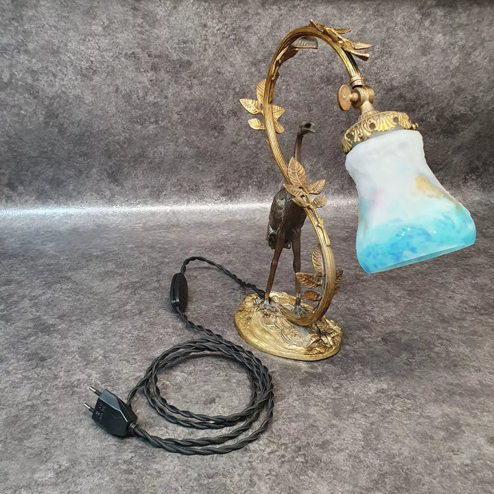 ミューラー兄弟 アオサギのブロンズと朝顔が幻想的に浮かび上がるデスクランプ 「パート・ド・ヴェール」