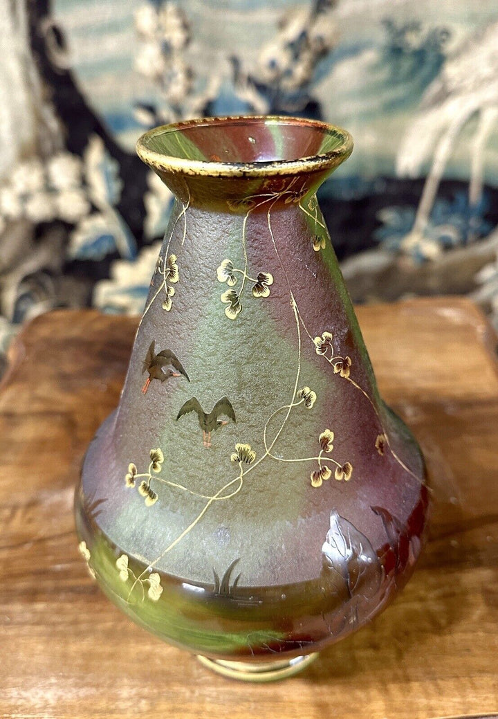 ドーム兄弟（ドームナンシー）スイレンの花と鷺（サギ）が描かれた花瓶