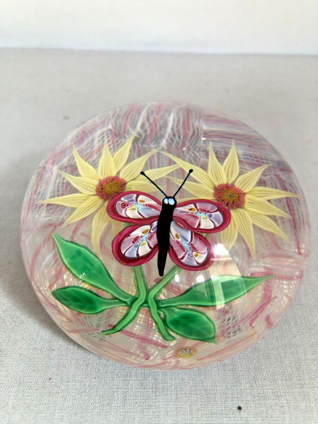 ヴィンテージ バカラ 蝶々と二本の花 ガラスペーパーウェイト 1970年