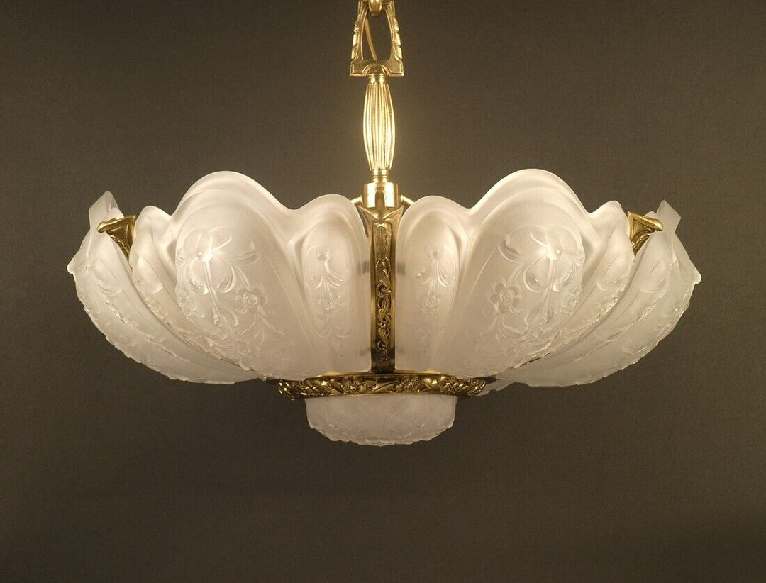 ラ・ラスレリー・ブリュッセロワーズ アールデコ調ブロンズとガラスの大型シャンデリア「ナクロクリスタル」