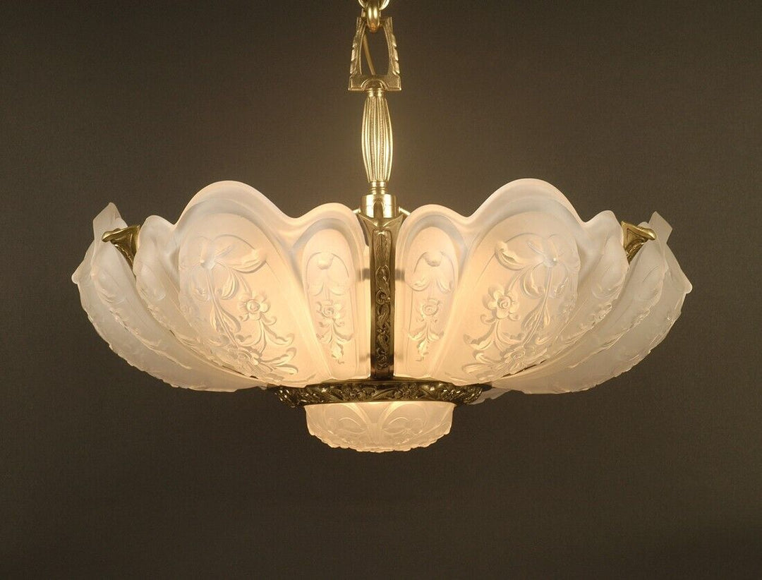 ラ・ラスレリー・ブリュッセロワーズ アールデコ調ブロンズとガラスの大型シャンデリア「ナクロクリスタル」