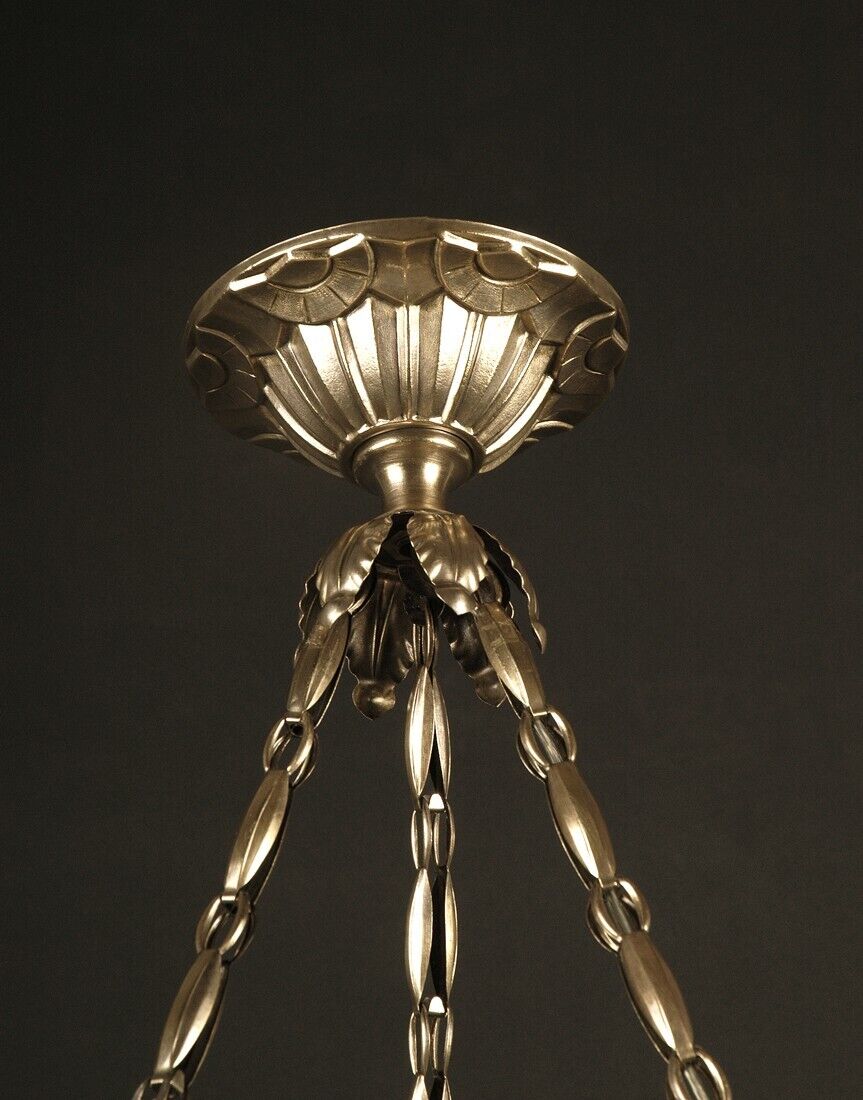 銀色の真鍮と型押しガラスのアールデコ調吊りランプ