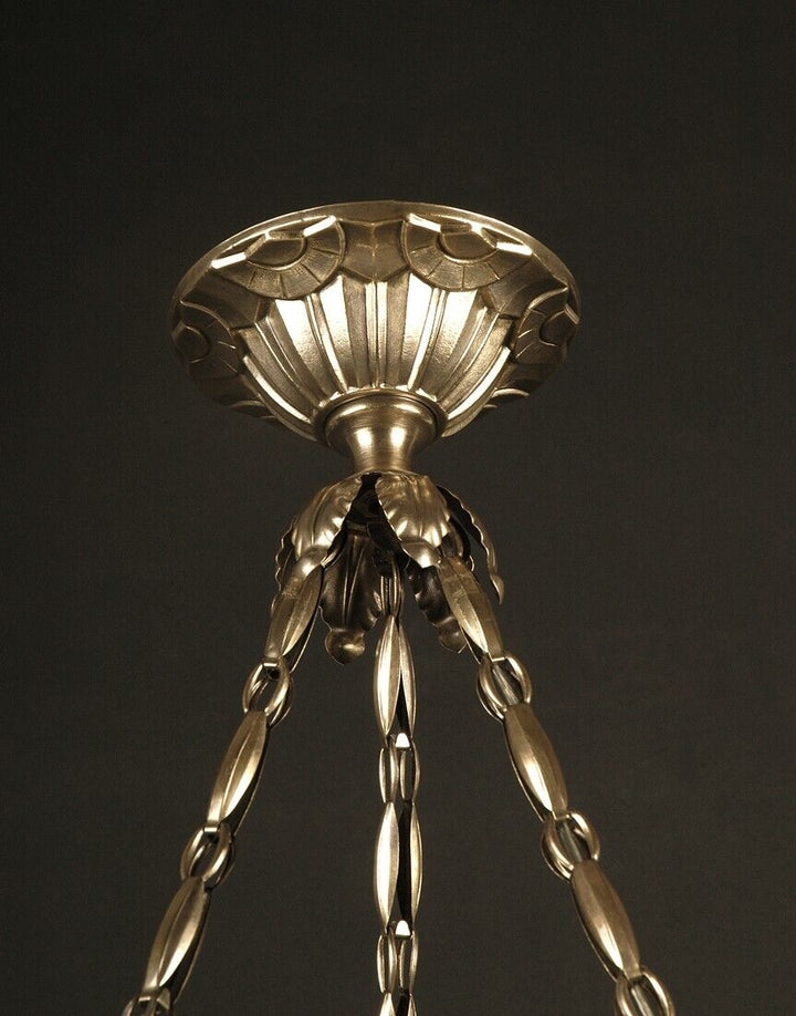 銀色の真鍮と型押しガラスのアールデコ調吊りランプ