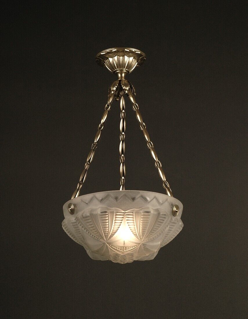 銀色の真鍮と型押しガラスのアールデコ調吊りランプ