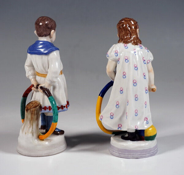 マイセン人形「フィギュア」 カラフルなフープを持った二人の子供 アルフレッド・ケーニッヒ作 1910年頃 アールヌーヴォー