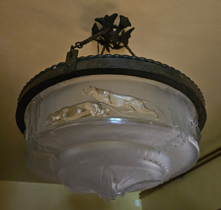 ミューラー兄弟　パンサーが描かれたアールデコ時代のペンダントライト（シャンデリア）