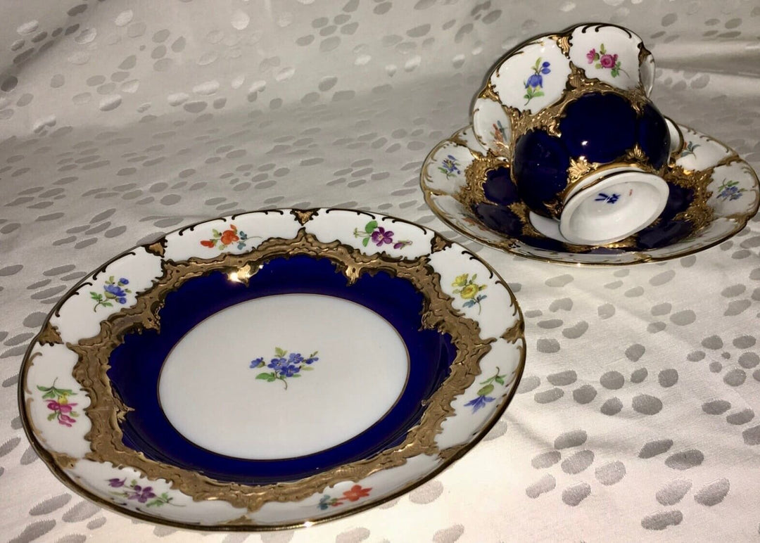 マイセン　Bフォーム  華麗な花が描かれたコーヒーセット 21点  コバルトブルー 1934年