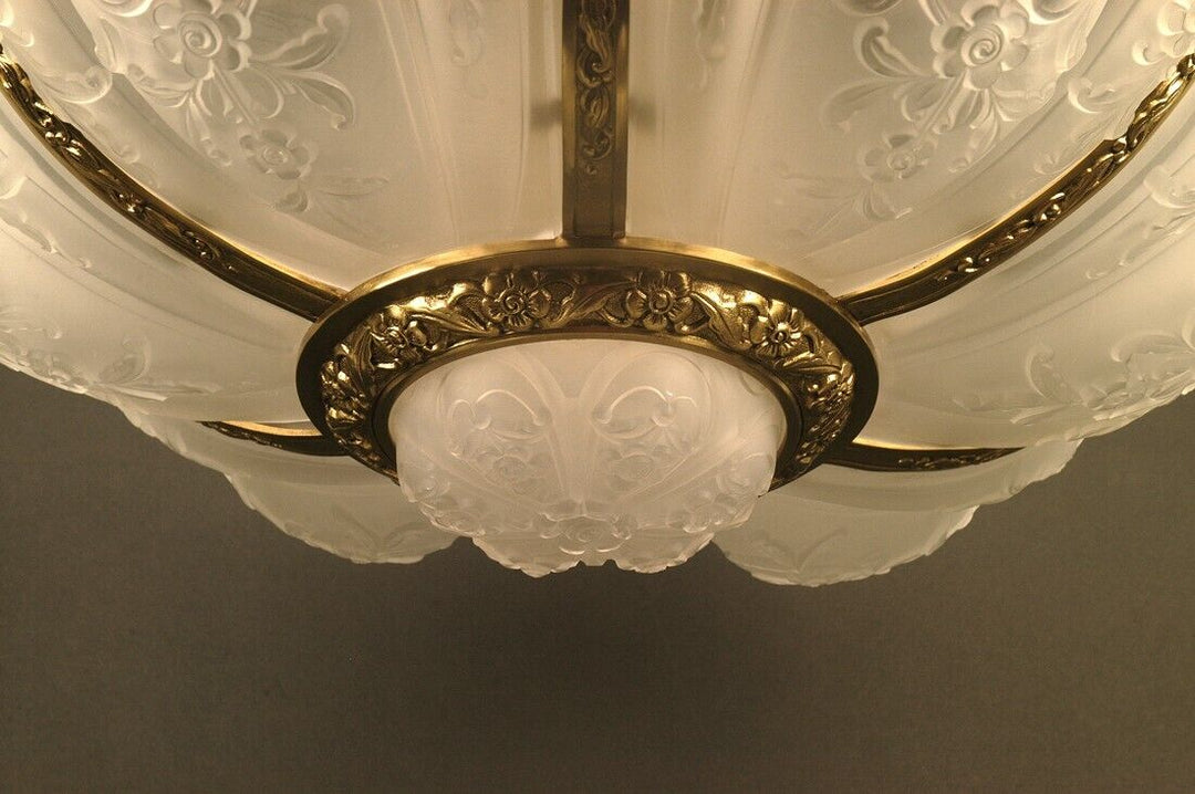 ラ・ラスレリー・ブリュッセロワーズ アールデコ調ブロンズとガラスの大型シャンデリア「ナクロクリスタル」