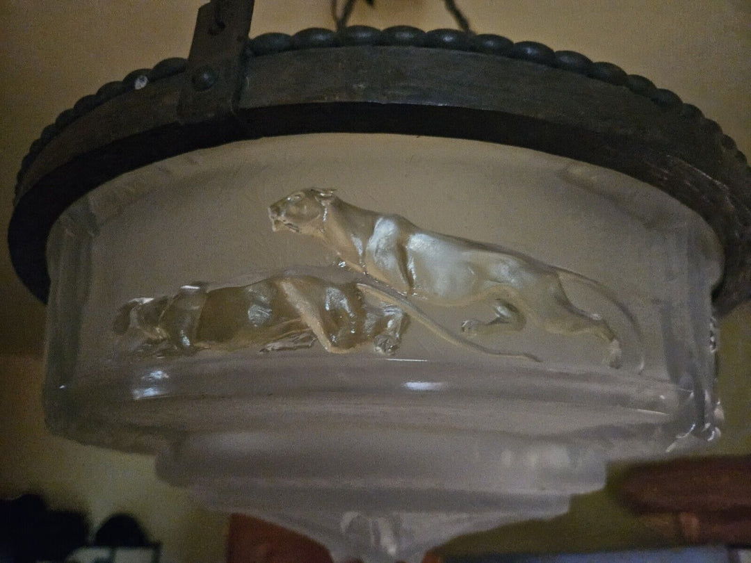 ミューラー兄弟　パンサーが描かれたアールデコ時代のペンダントライト（シャンデリア）