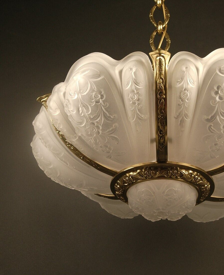 ラ・ラスレリー・ブリュッセロワーズ アールデコ調ブロンズとガラスの大型シャンデリア「ナクロクリスタル」