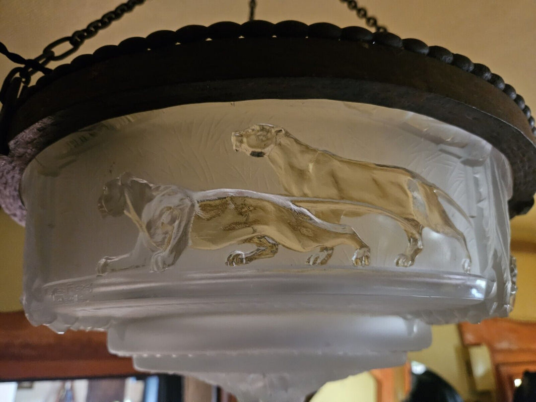 ミューラー兄弟　パンサーが描かれたアールデコ時代のペンダントライト（シャンデリア）